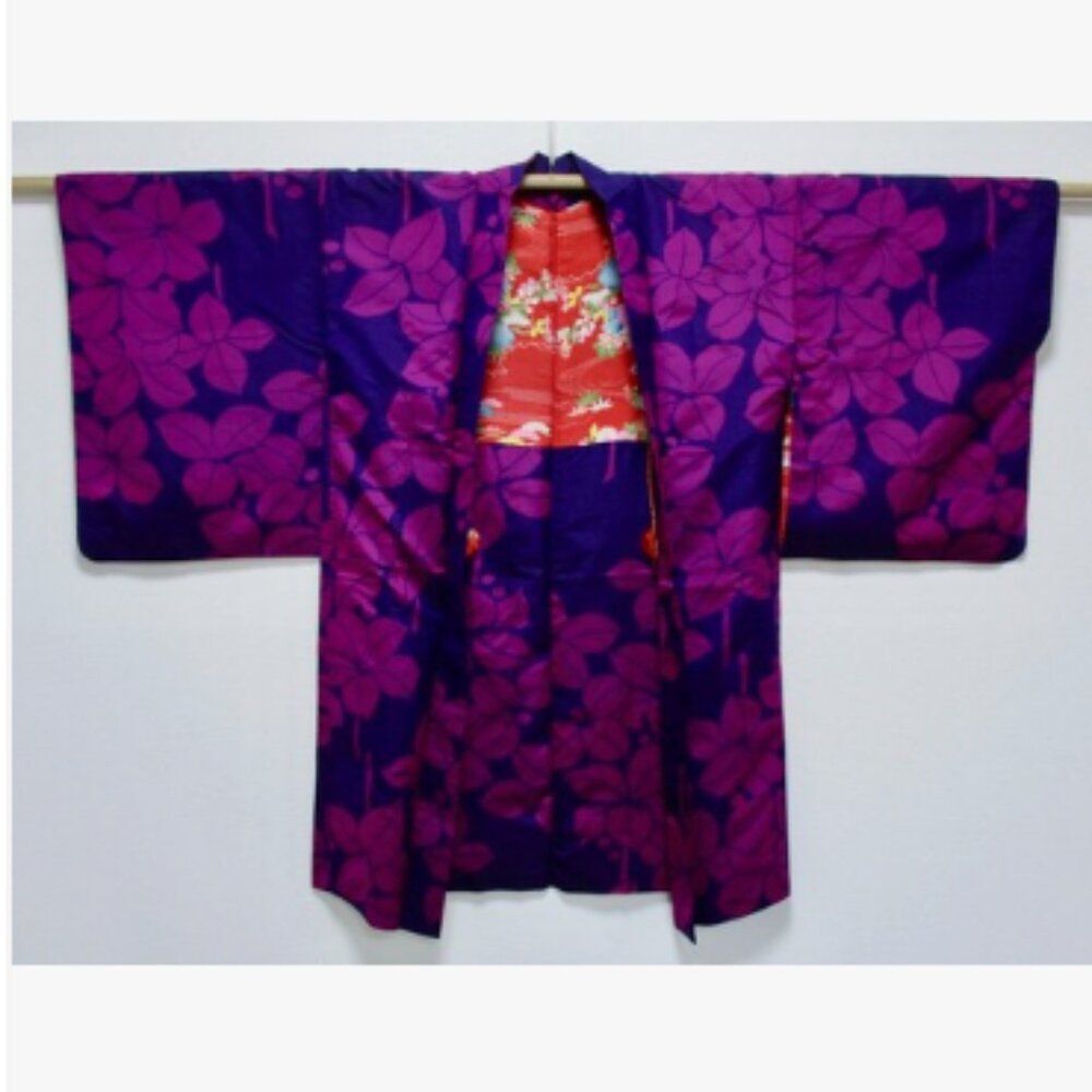 Antique Vintage Japanese Silk HAORI Purple Pink Red Leaves Festival Kimono Robe